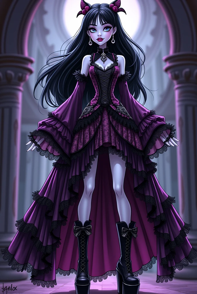 Create a redesign image for Draculaura [Monster High] using gothic and lolita style with gothic boots [Cartoon Style]