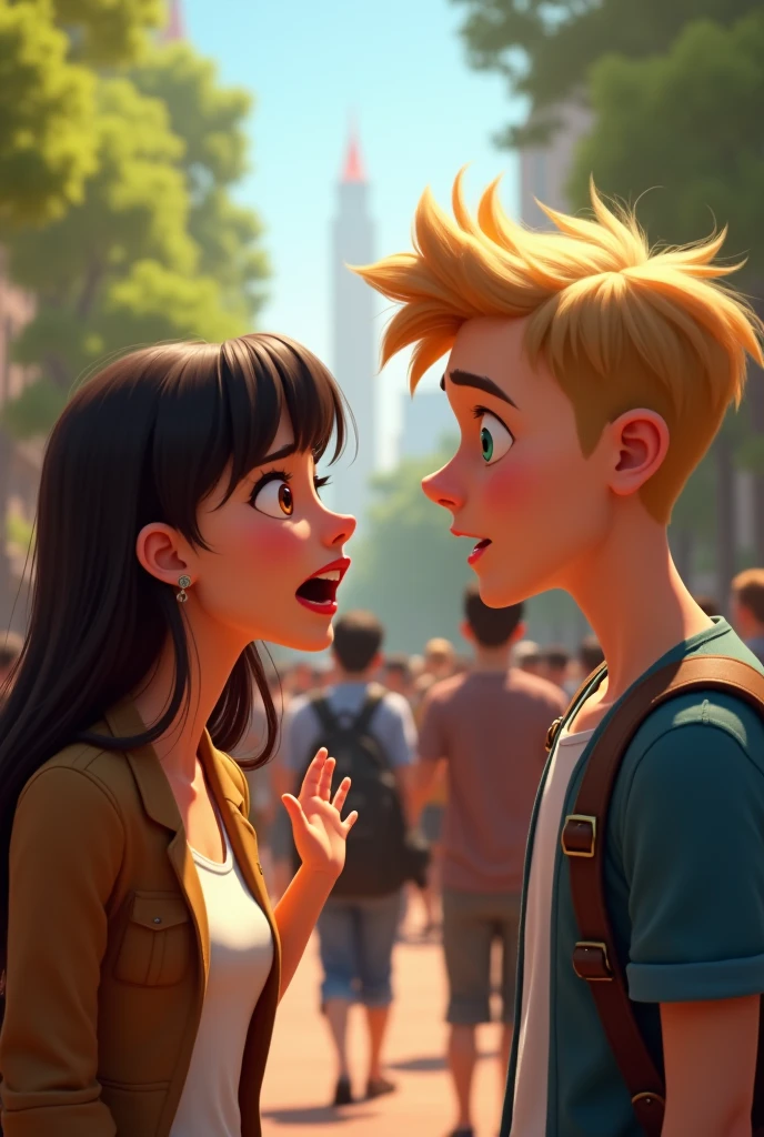 Une fille avec des cheveux noirs et frange Dora plus yeux marrons et un mec blond, yeux turquoise qui se disputent au milieu d'une foule a l'université dehors. La fille cris sur le mec et le mec est peiné. Version pixar 2d