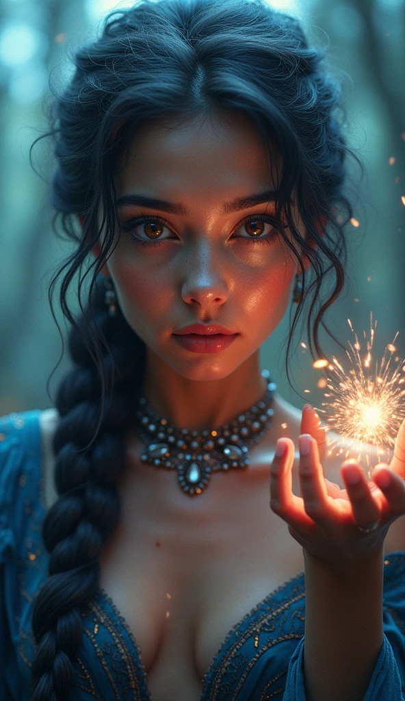 (((A beautiful magical American woman)))
Create a spellbinding image of a beautiful young woman in a fantasy realm, radiating an aura of enchantment. Utilize HDR lighting to enhance the mystical atmosphere, with soft and ethereal light casting gentle glows on her features. Her attire and accessories should incorporate fantasy vivid colors, infusing the scene with vibrant and otherworldly hues. Choose a cinematic lens type to capture the wonder and magic in her eyes as she interacts with arcane elements. The UHD resolution allows for hyper-detailed rendering of her costume's intricate textures and the sparkle of her magical charms.