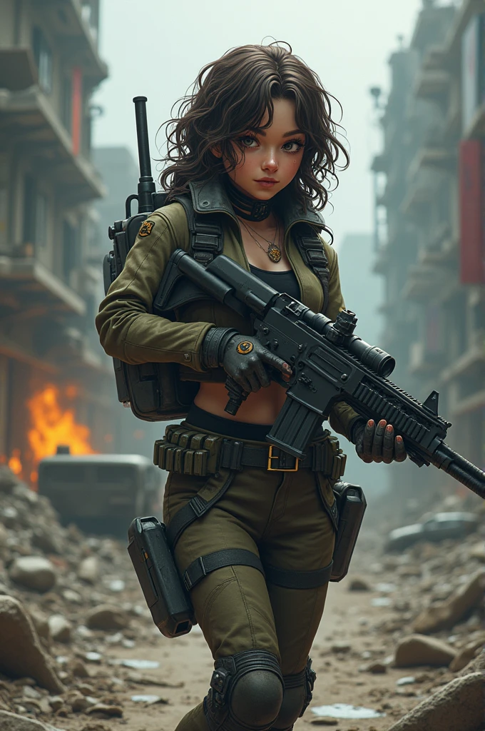 brunette girl, gross, Curly hair,anime, Cyberpunk outfit, heavy artillery, Apocalypse, animation