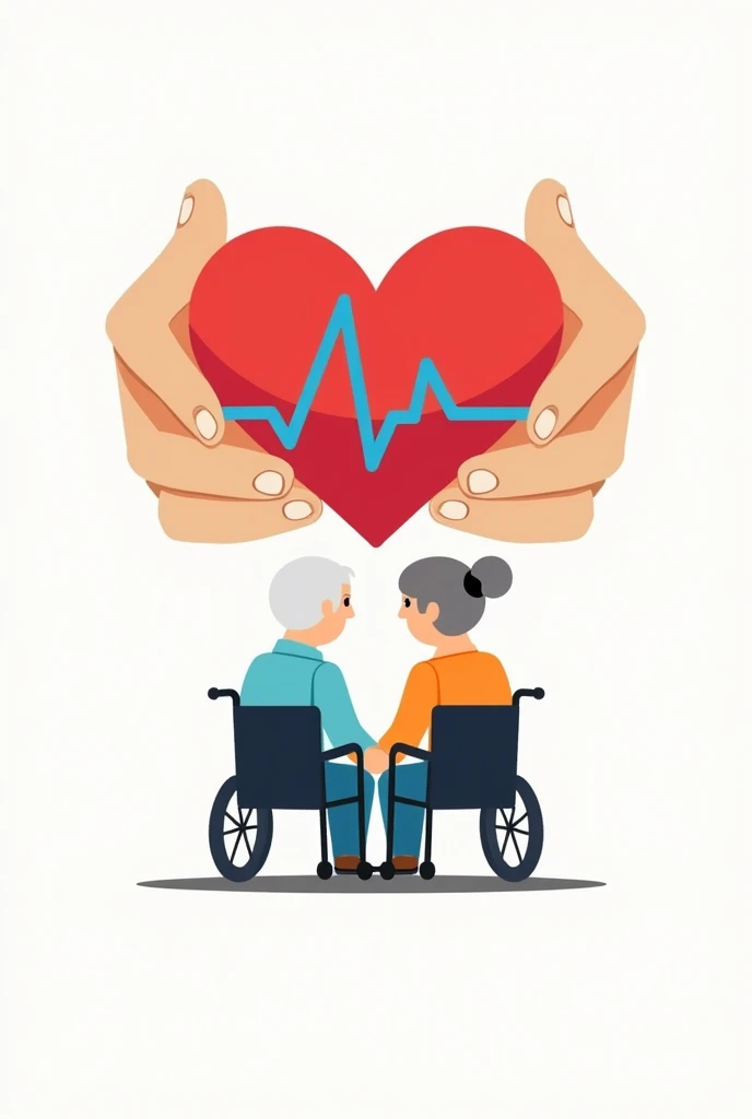 Medical care logo with hands holding a red heart with a blue lifeline in the center and below the hands some grandparents in a wheelchair
