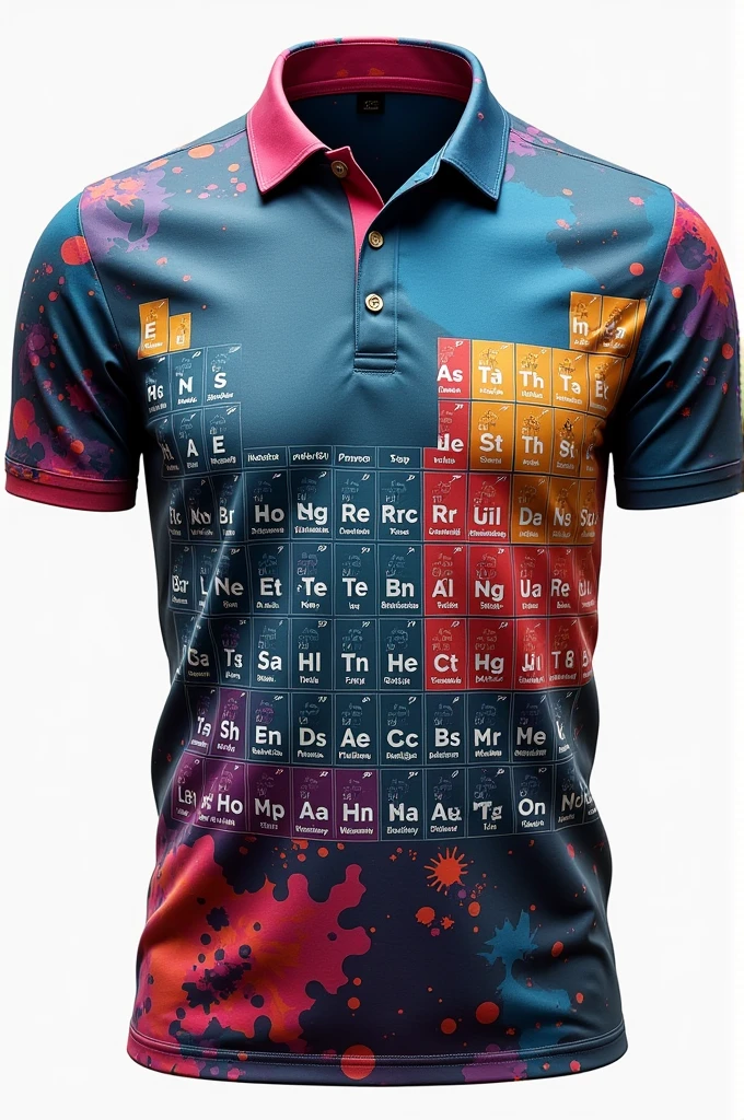 I asked you for a sublimated polo shirt without buttons and you gave me one with buttons. I want it without buttons and also without a collar. I want it to be just a simple sublimated polo shirt inspired by the real periodic table with different pretty colors.