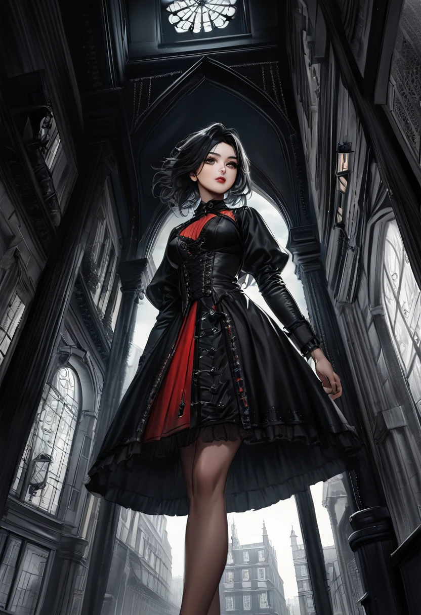 Gothic Punk、The inside color is red、Black-haired、hair ornaments、Beautiful girl、creative、Dark Fantasy Style、Goth Fashion,Tight mini skirt、Fine skin、Realistic textured hair、((Black Mask)),Whole Body Ezbian,19th century London, Complex clothing, lingerie,Angle from the feet, Angle from below, Angle looking up from below,