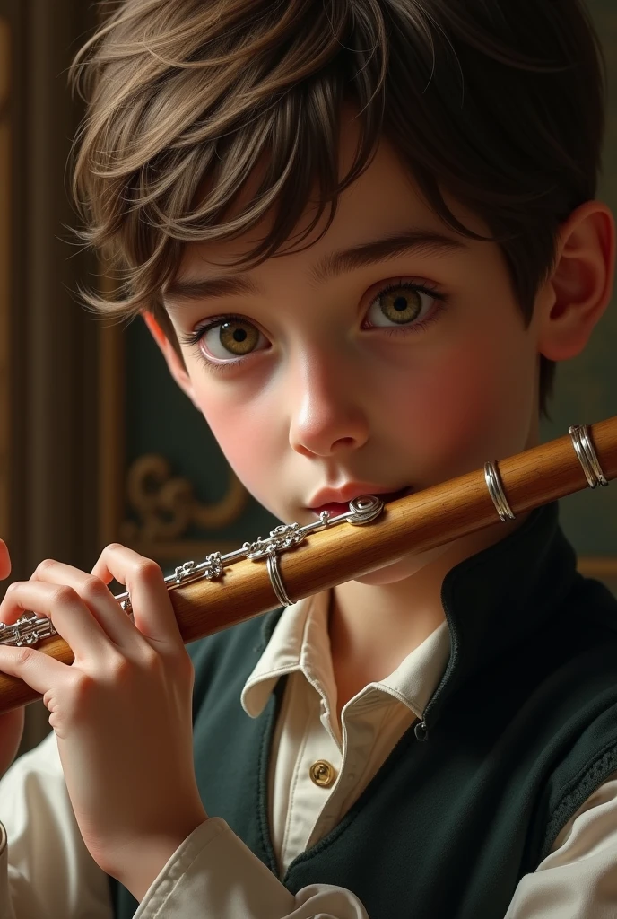 A close-up view of young Frederick's face as he concentrates on playing a flute. His delicate features are framed by soft lighting, reflecting his innocence and intelligence. The background hints at a royal study room with warm tones and intricate details.
