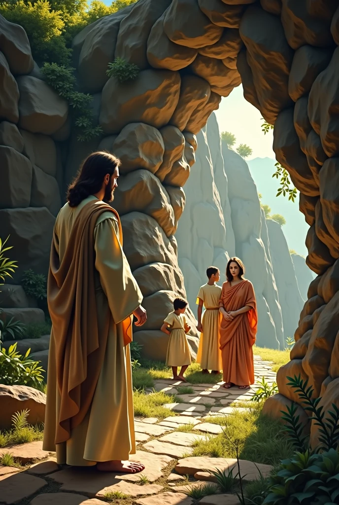 Jesus standing outside a cave waiting for a father's family, mother and two children leaving the cave to meet him
