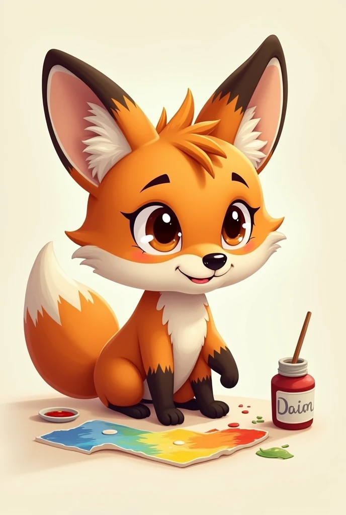 Male young fox as cartoon character with brown eyes painting something on the ground, without background