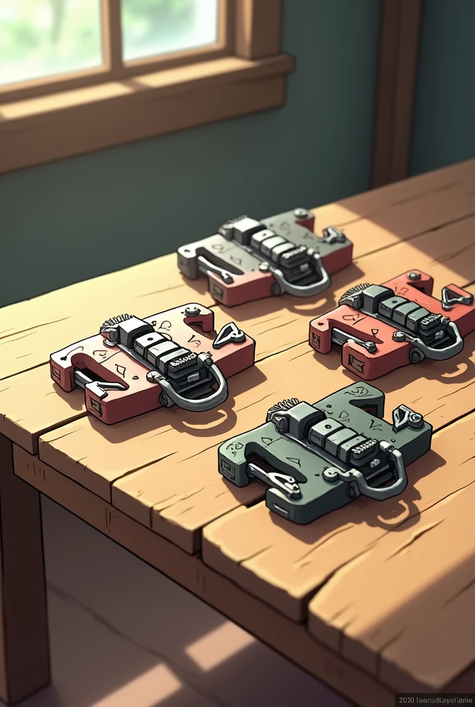Several trap straps on top of a wooden table in anime style