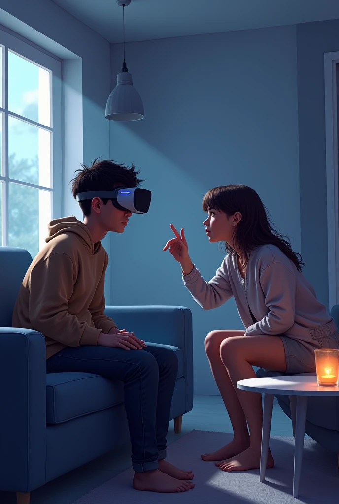 His friend trying to communicate with him, but Alex is absorbed in his virtual world.