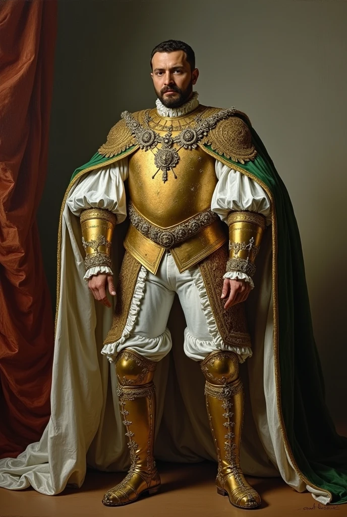 A portrait of Don Francisco de la Cueva dressed as follows: a golden breastplate, sleeves and breeches with fine lace of light blue and silver on gold foil, Imperial mantle of green rengue with gold branches on white satin and ermine turns with silver ruffles.
