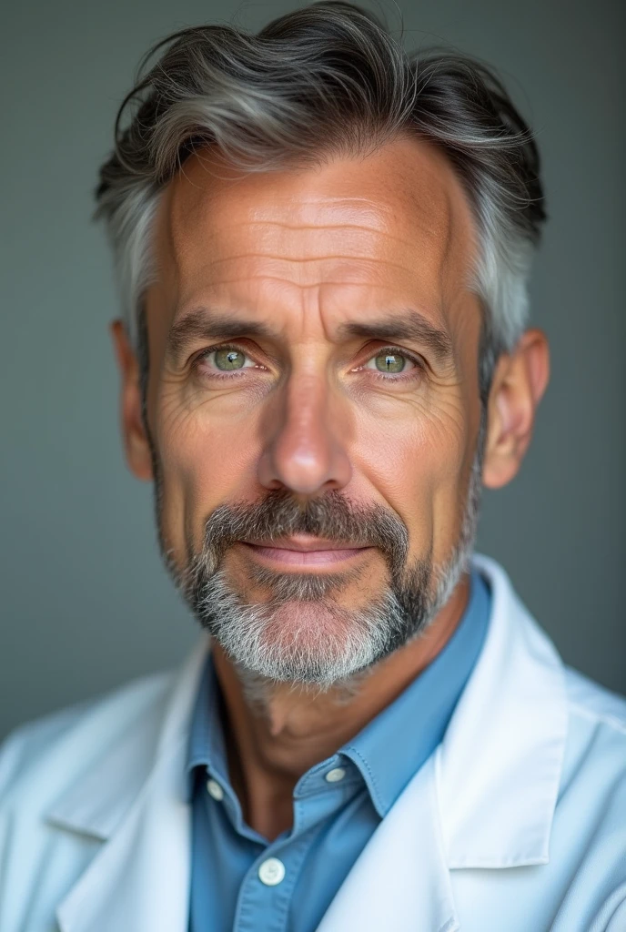 one  men, gray brown hair, white skin and green eyes, He's a doctor