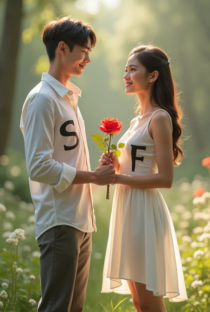 A beautiful boy propose a cute girl.the boy wear a white shirt and S letter on his shirt chest and the wear a white dress and F letter on his dress.the girls hear a rose
Real boy and girl