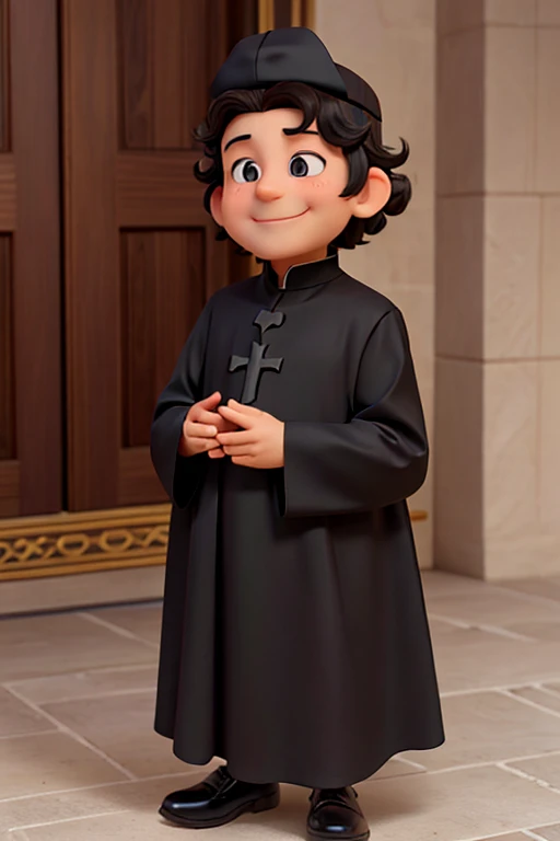 an old priest smiling in a black old cassock long sleeves, with a catholic black small cap, with short curly brown hair, brown eyes, wide chin, with a halo, hands crossed praying