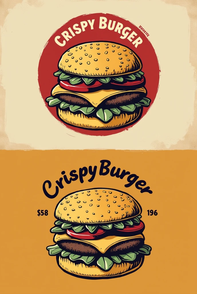Create an image of a vintage and elegant burger joint logo called Crispy Burger that has a color like mustard red and that color palette that contains a burger and another similar one that highlights the red more.