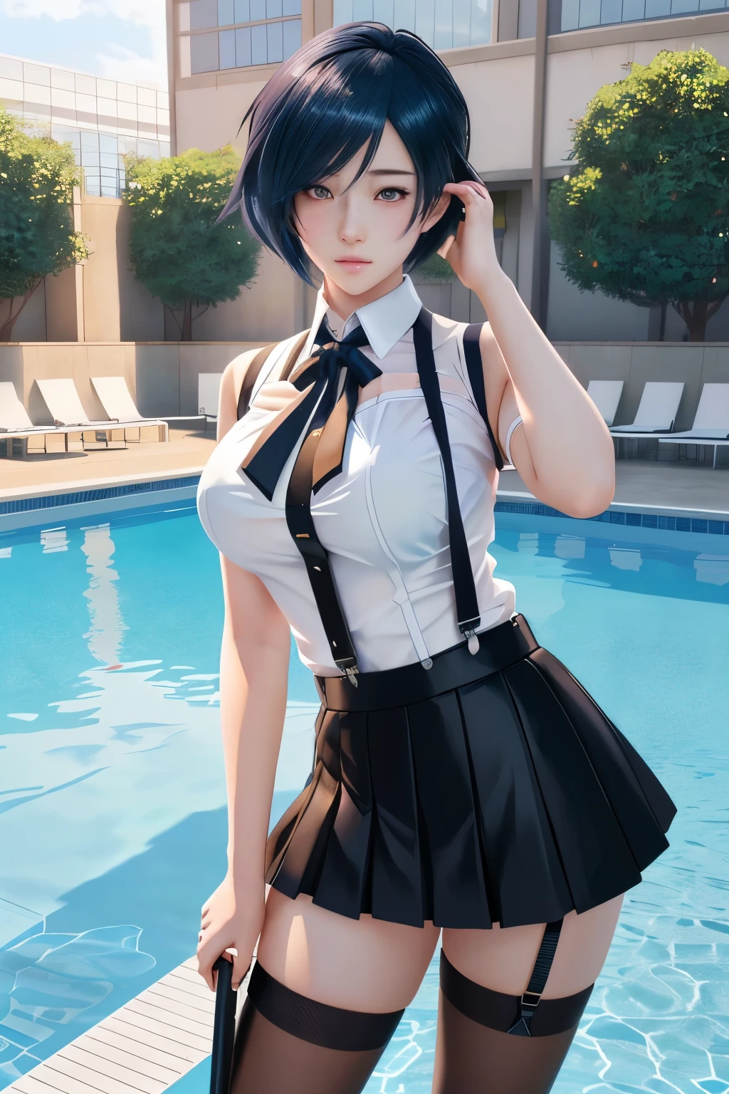 anime boy in short skirt and suspenders posing by the pool, next to a pool, hyperrealistic female student, 2b, 2b, a hyperrealistic female student, photorealistic rendering of anime boy, Seductive Anime Boy, realistic 3d anime style, non-style artwork by guweiz, attractive anime girl, uniforme jk, young realistic anime, no breasts