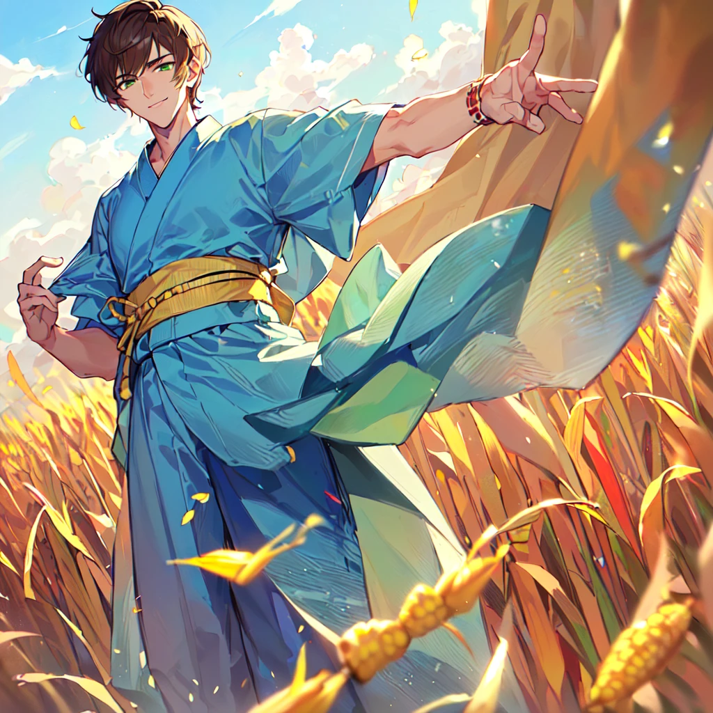masterpiece, best quality, high quality, extremely detailed, (1 male handsome age 19, solo one: 1.5), (short short hair: 1.5), (brown hair color), (yellowish green eyes: 1.3), 8 head tall, slender nose, facial muscles, throat (yukata short sleeves and pants: 1.3), (standing), (dynamic pose), (adult smile), (background corn field: 1.3), (blue sky: 1.3)