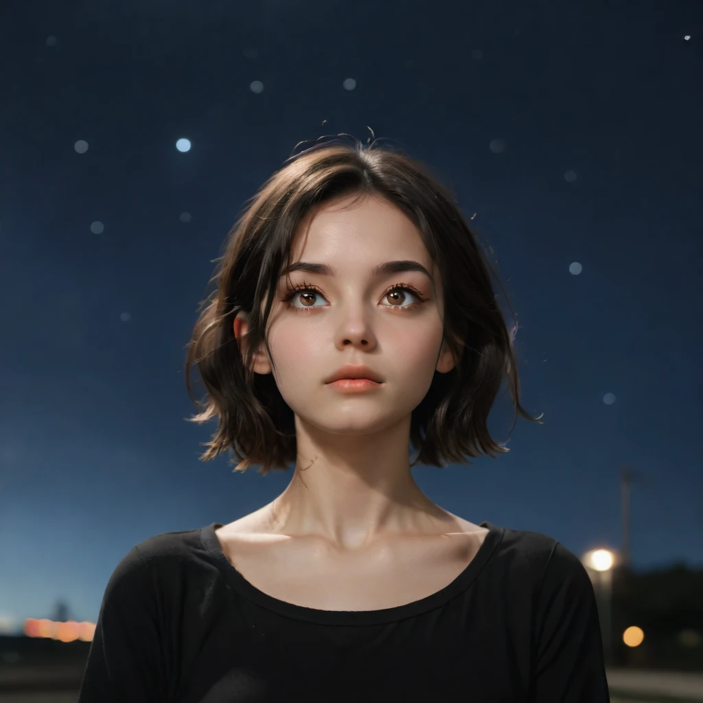 A girl with a round face and dark brown Doe eyes,Brown with a dark tone,with black hair and Chanel. She looks at the starry sky ,waiting for an answer from the universe.