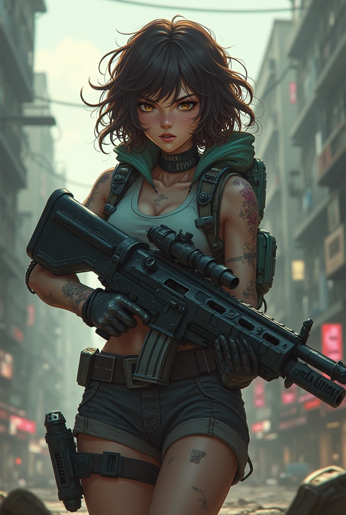 brunette girl, gross, Curly hair,anime, Cyberpunk outfit, heavy artillery, Apocalypse, animation