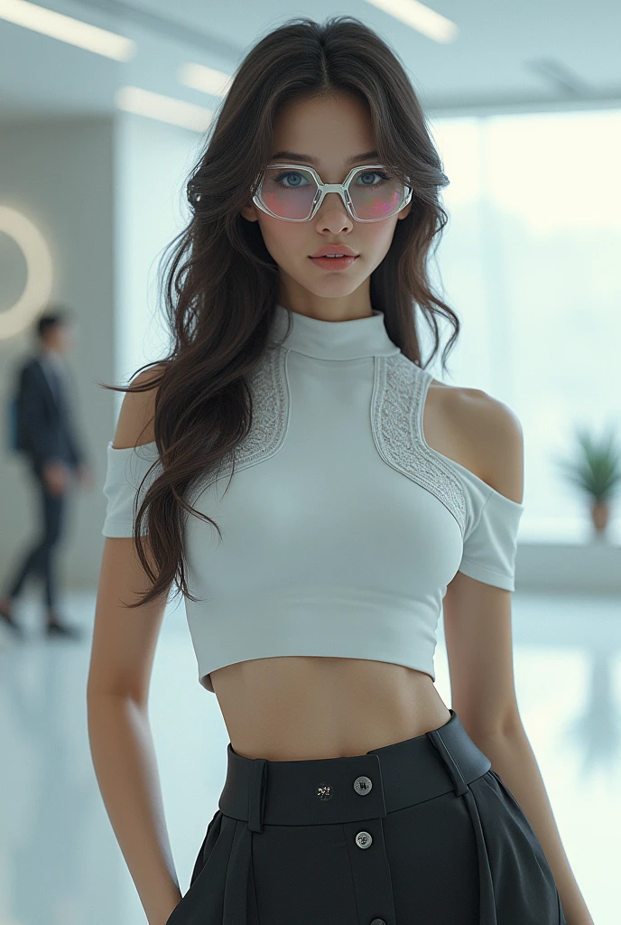 realistic woman with futuristic but casual clothes and futuristic glasses