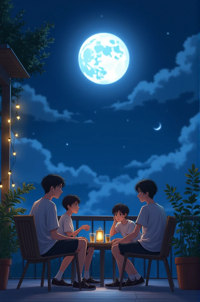 A group of four Boys sitting on the terrace and having drinks in night time Under the moon