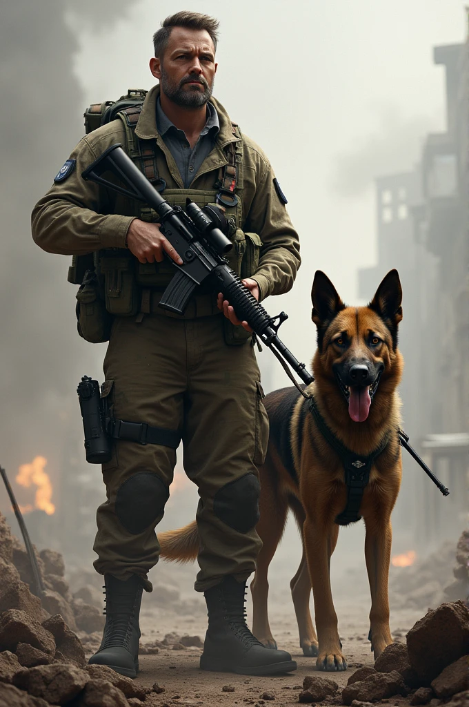 Soldier with his rifle and his K9 dog fighting