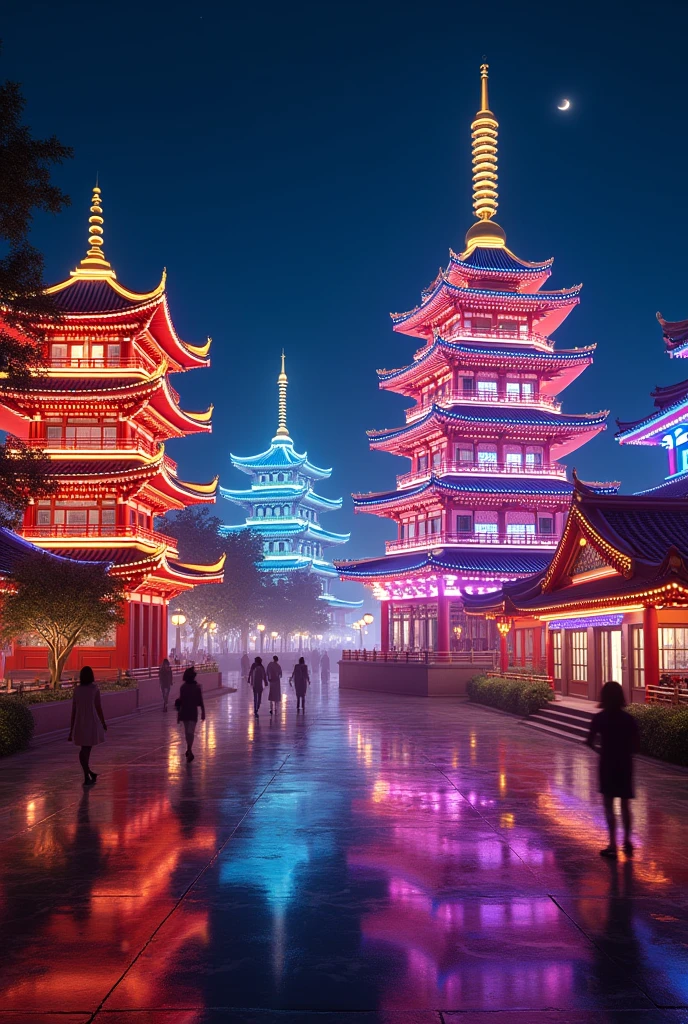 Typical Asian monuments and colored lights