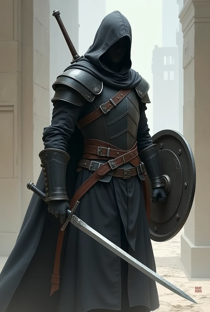 Warrior thin and slender man with a rapier and a small shield in his hands wearing a dark armor breastplate and a dark overcoat showing a little of his face