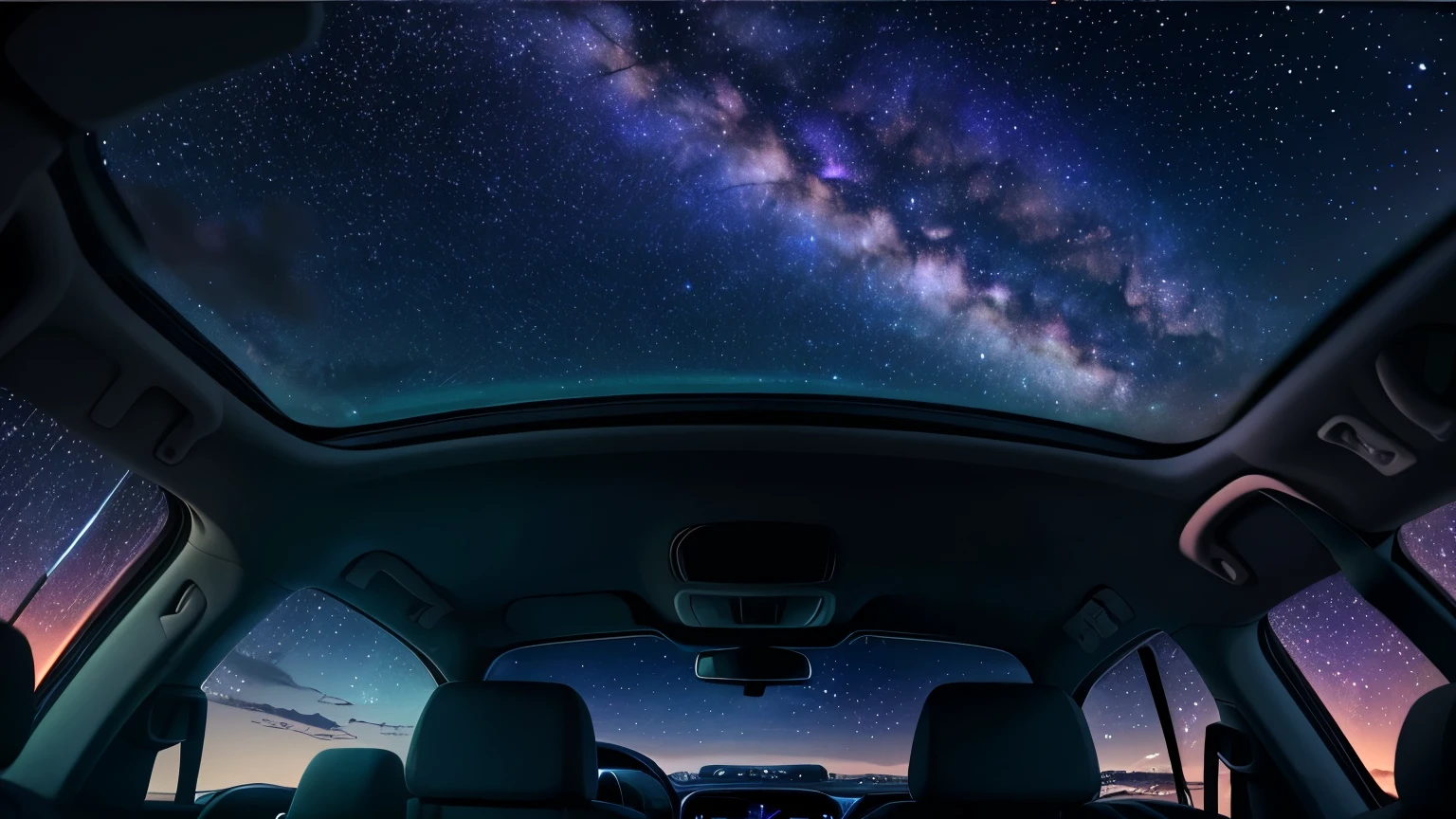 "The camera looks up from inside a car through an open sunroof, capturing a breathtaking view of a beautiful starry night sky. The stars are twinkling vividly, with some constellations visible, adding to the serene and magical atmosphere. The car's interior is dimly lit, allowing the focus to remain on the stunning night sky above. The scene evokes a sense of peace and wonder, with the deep blue and purple hues of the sky contrasting beautifully against the soft glow of the stars. The overall mood is atmospheric and enchanting, creating a perfect blend of the cozy interior and the vastness of the universe."

