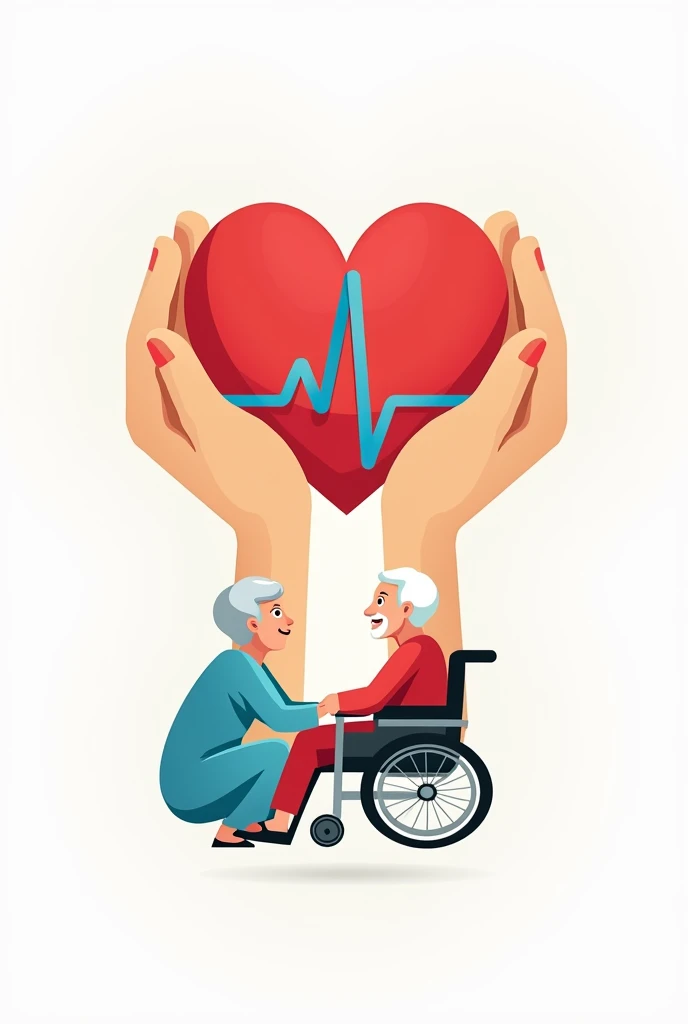 Medical care logo with hands holding a red heart with a blue lifeline in the center and below the hands some grandparents in a wheelchair