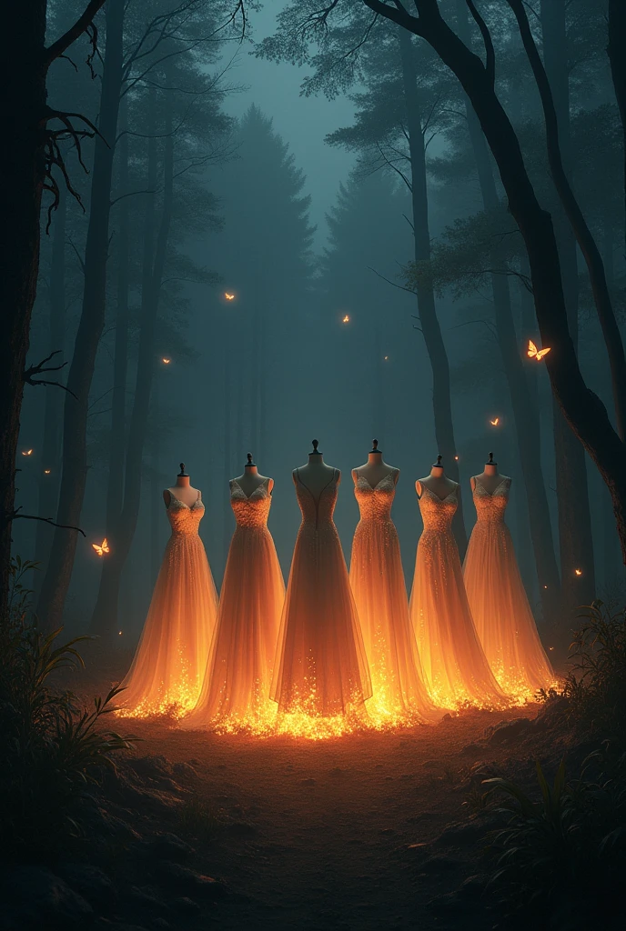 
Forest night scene in the background
Terrible environment all around 
7 wedding dresses are burning
Jonaki are flying around and also glowing butterfly