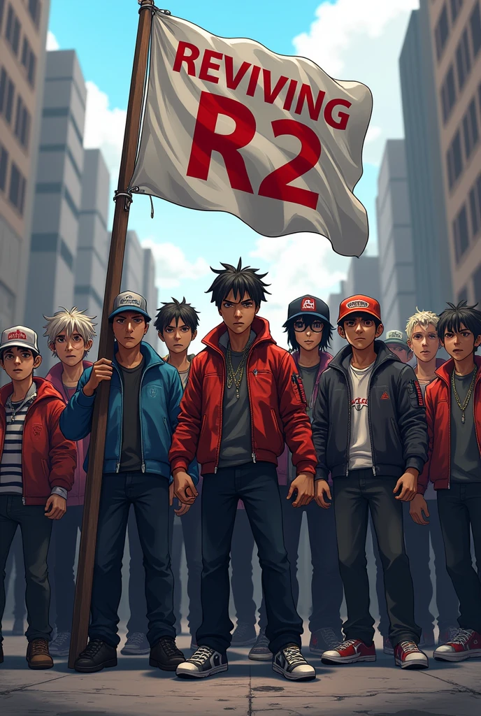 An image of people with a flag saying REVIVING R2 from the game Roblox and wearing gang clothes from the anime Tokyo Revenger