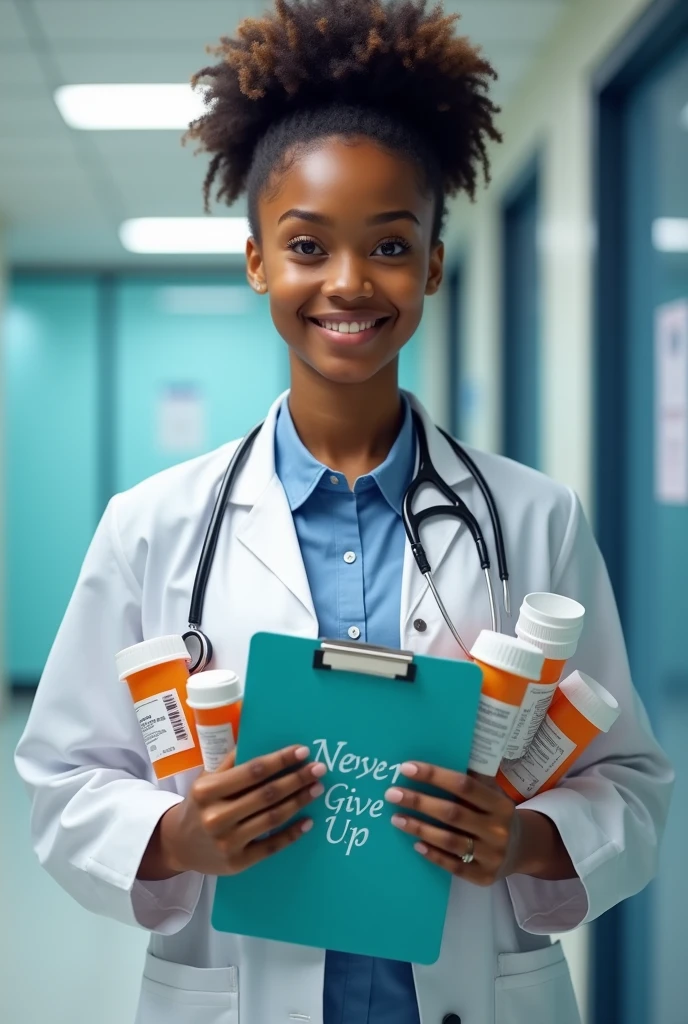Black medical student holding medical supplies that say Never Give Up
