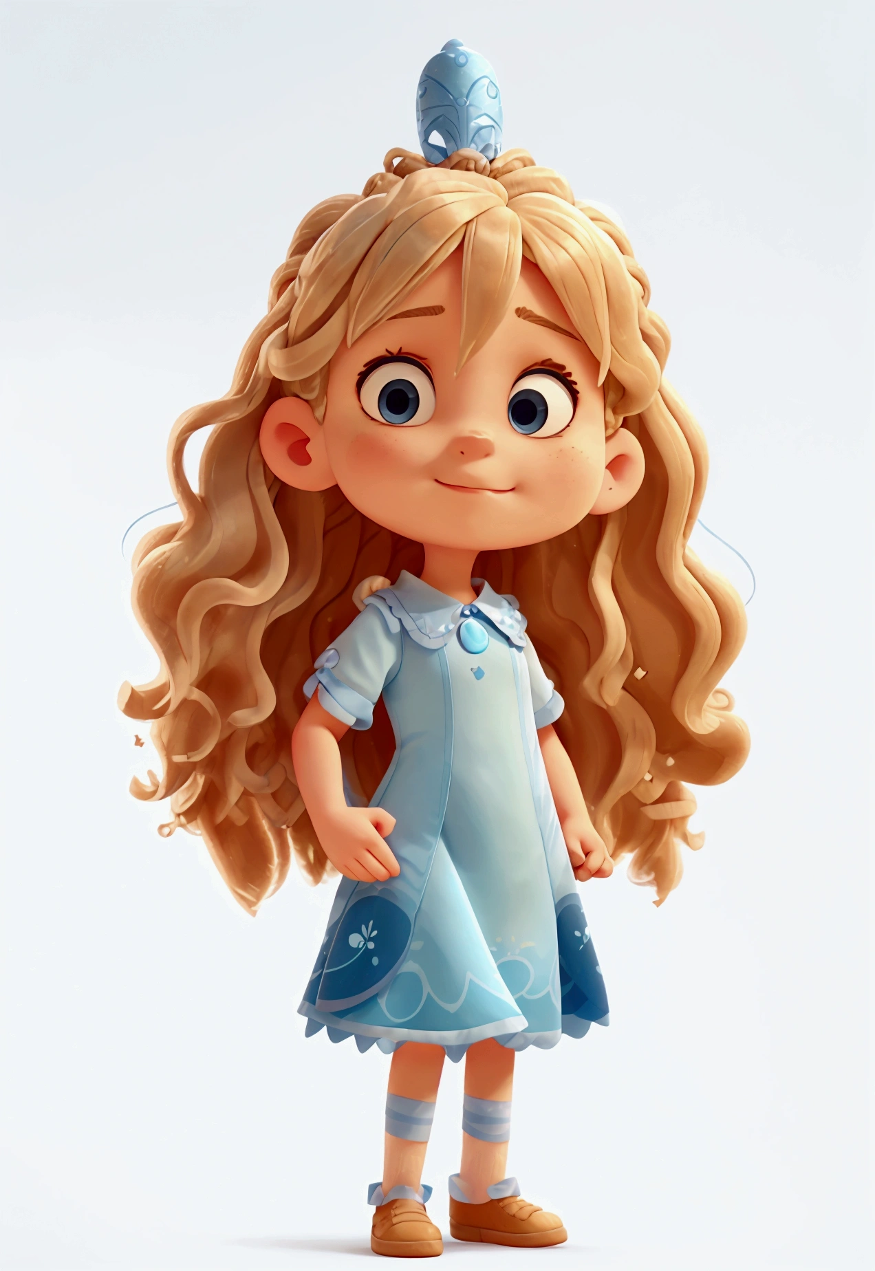 A girl she has curly blonde hair that falls to her shoulders and bright blue eyes. She wears a light blue dress with silver details and a simple silver crown, white background, full body.