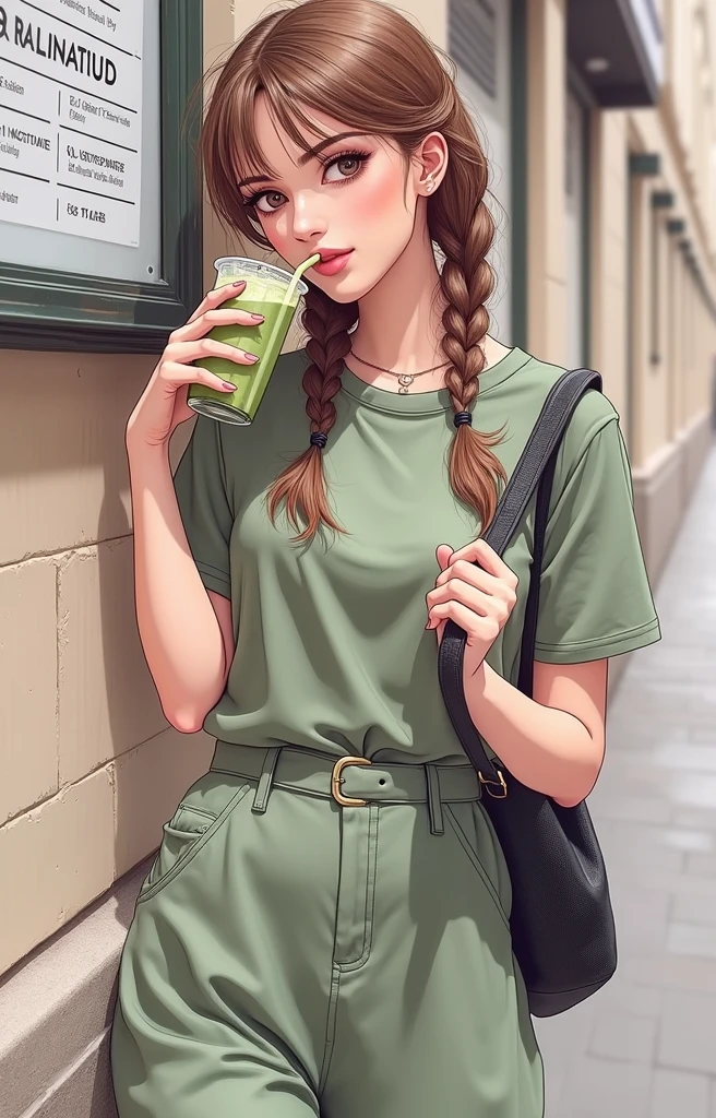 beautiful brunette model with braided loose pigtails, sipping on an iced matcha latte, near the subway in the middle of NYC, [full body shot] professional, (4k image:1.1), (Sharp Focus:1.3), Very detailed, detailed face,  (attractive young woman:1.3), (seductive:1.1)