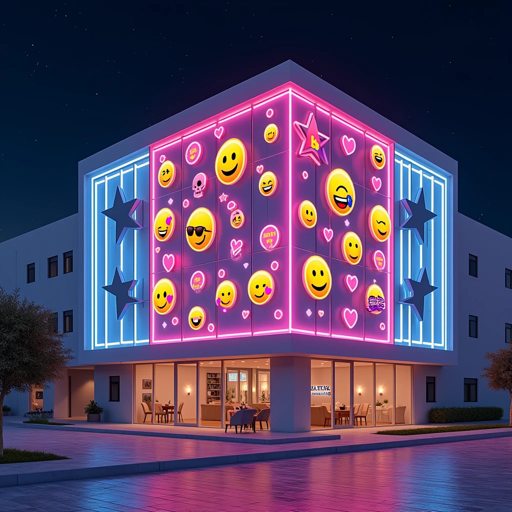 A 3D render of a modern building with a large, illuminated sign that says "😇😛😎☠💋💞🖕👨🚀👮🧘👩👧👧😀". The sign is made of neon lights and is placed on the facade of the building. The building has a sleek, glass design and is illuminated from within. There are also smaller, creative light installations around the sign, including a large, glowing letter "B". The background is a dark night sky with stars.
