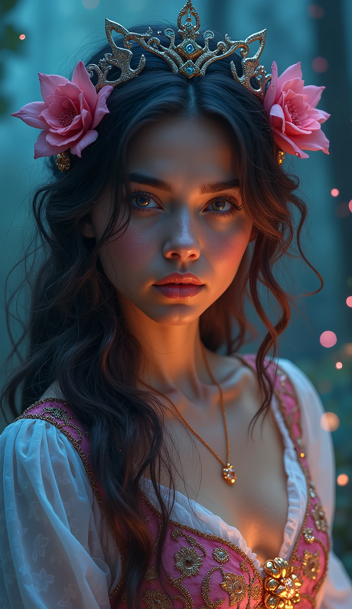 (((A beautiful magical American woman)))
Create a spellbinding image of a beautiful young woman in a fantasy realm, radiating an aura of enchantment. Utilize HDR lighting to enhance the mystical atmosphere, with soft and ethereal light casting gentle glows on her features. Her attire and accessories should incorporate fantasy vivid colors, infusing the scene with vibrant and otherworldly hues. Choose a cinematic lens type to capture the wonder and magic in her eyes as she interacts with arcane elements. The UHD resolution allows for hyper-detailed rendering of her costume's intricate textures and the sparkle of her magical charms.