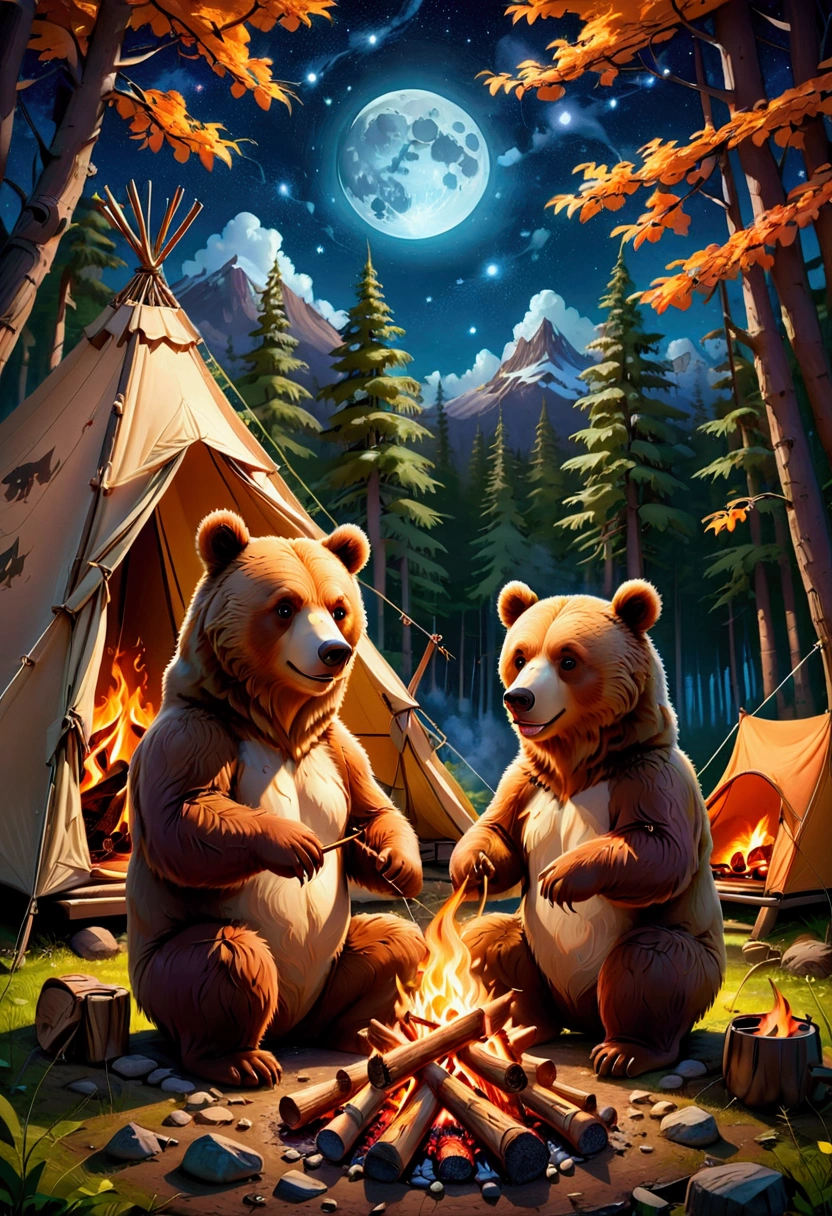 Brown Bear, 2 cute brown bears around a 🔥 cozy campfire roasting marshmallows, full moon and stars in sky, forest background with tent at campsite. 8k resolution trending on Artstation, vivid and deep colors, intricate detailed fantasy illustration, HDR, beautifully shot, sharp focus, megapixels, perfect composition, high contrast 3D, masterpiece, best quality, very aesthetic, absurdres