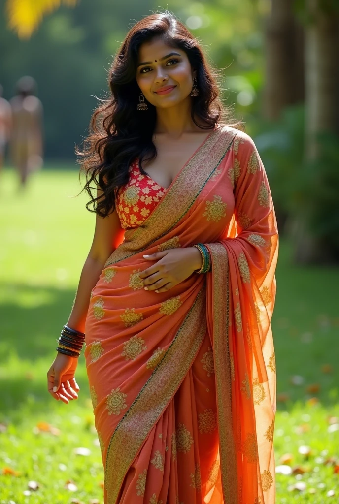 Indian Wife with a huge round and long cleavage line visible in a white and black folded saree, floral saree, HDR, 8k, hyperdetailed, best quality, ultra-high resolution, HDR, curved body, 8k, walking on the lawn , look at viewer, having perfect breasts, ( perfect ??????? with little chubby), wavy hair, bright smile