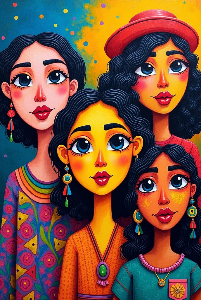 Create abstract faces painted with crayons that are colorful and represent Colombian culture 