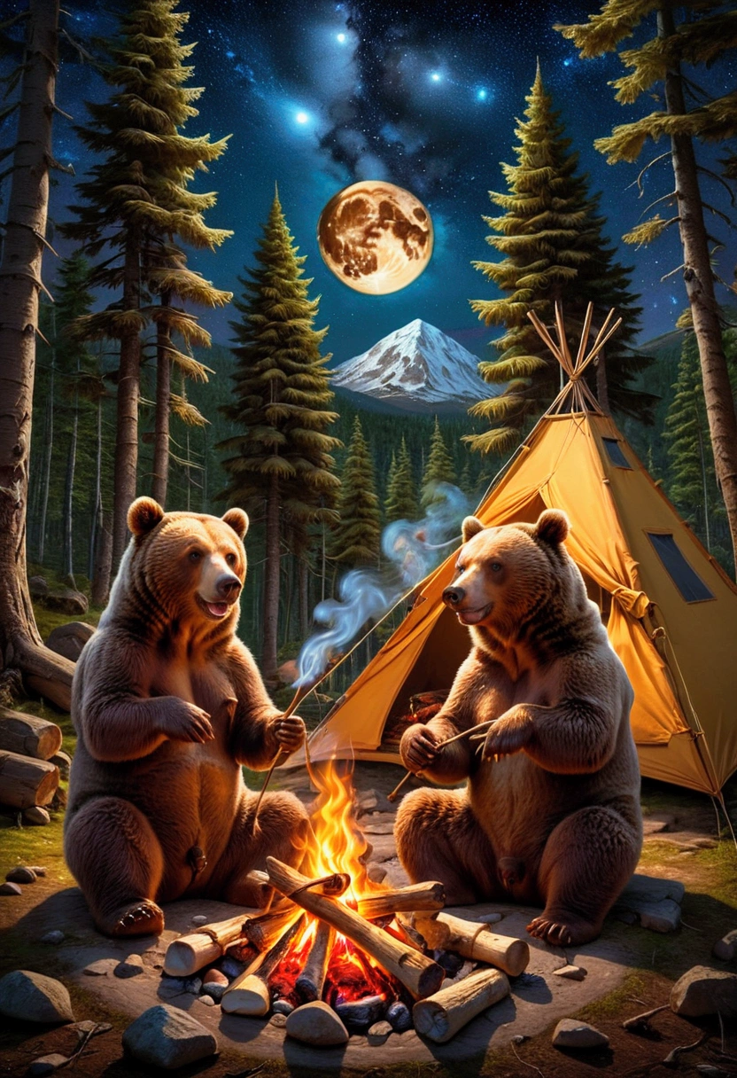 Brown Bear, 2 cute brown bears around a 🔥 cozy campfire roasting marshmallows, full moon and stars in sky, forest background with tent at campsite. 8k resolution trending on Artstation, vivid and deep colors, intricate detailed fantasy illustration, HDR, beautifully shot, sharp focus, megapixels, perfect composition, high contrast 3D, masterpiece, best quality, very aesthetic, absurdres