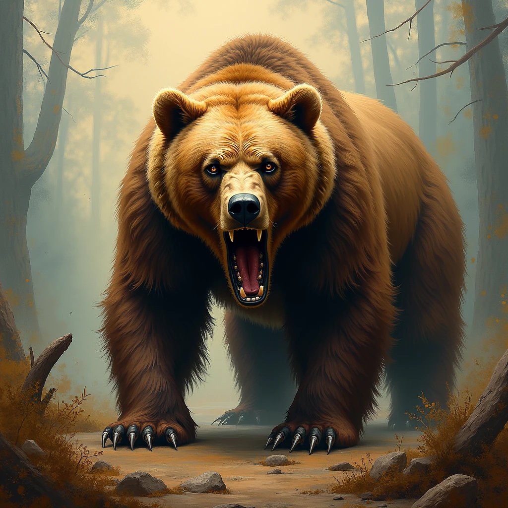 Brown Bear, expressionistic。original、Emotional、Dynamic、Distorted emotional effects、energetic、Use unusual colors、detailed, (best quality, masterpiece, photorealistic), very aesthetic, perfect composition, intricate details, ultra-detailed, vivid colors