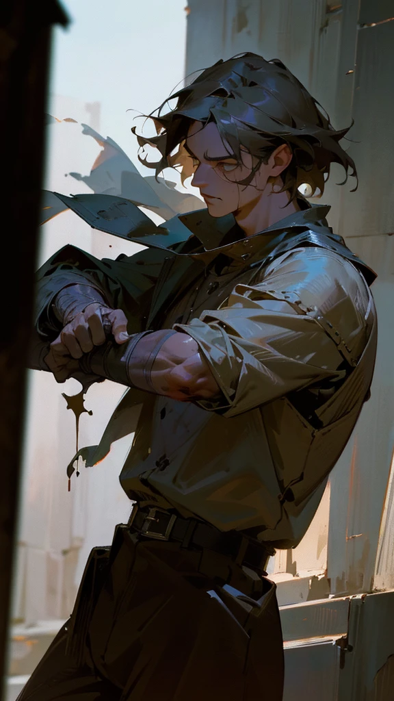 epic battle scene, man with sword, blood and gore, grim expression, medium shot, medieval warrior with sword, dynamic pose, man 40 years old, wearing simple shirt with belt and loose brown pants, dynamic effects, medieval, fantasy, (best quality,4k,8k,highres,masterpiece:1.2),ultra-detailed,(realistic,photorealistic,photo-realistic:1.37),dramatic lighting,moody atmosphere,cinematic composition,highly detailed facial features,piercing eyes,detailed musculature,weathered skin,tattered clothing,dirt and grime,blurring in background,volumetric lighting,dramatic shadows,cinematic color grading