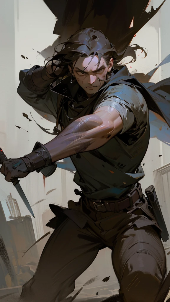 epic battle scene, man with sword, blood and gore, grim expression, medium shot, medieval warrior with sword, dynamic pose, man 40 years old, wearing simple shirt with belt and loose brown pants, dynamic effects, medieval, fantasy, (best quality,4k,8k,highres,masterpiece:1.2),ultra-detailed,(realistic,photorealistic,photo-realistic:1.37),dramatic lighting,moody atmosphere,cinematic composition,highly detailed facial features,piercing eyes,detailed musculature,weathered skin,tattered clothing,dirt and grime,blurring in background,volumetric lighting,dramatic shadows,cinematic color grading