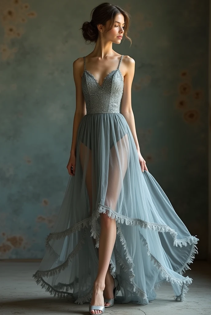 silver-gray dress with frayed hem