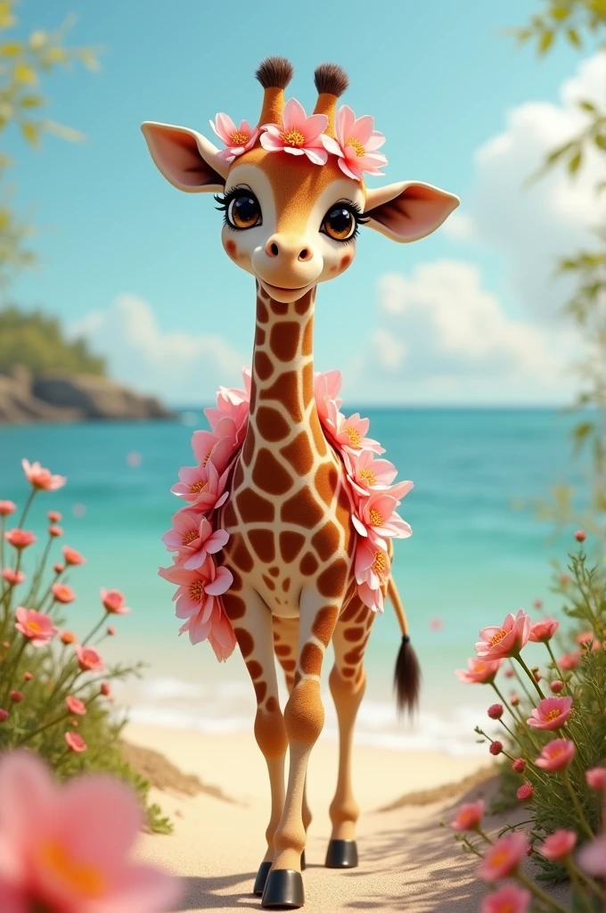 baby of giraffe
costume with a beautiful
petals walking by the sea smiling 8k high detail, happy, brave, magical, fantasy realistic cute