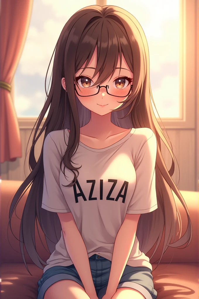 Generate me an image of beautiful girl with long hair and glasses and Aziza written on her shirt can be clearly seen and smiling and sitting in anime style
