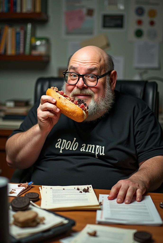 white male, aged 50, baldie, wrinkled face, cheeky, Scrawny, but very pot-bellied, wearing glasses and eating baguette with lots of ham. Sitting behind a rather messy desk with a computer, stacks of papers, Oreo crumbs and cookies. Wearing a black shirt with the following phrase: APOlO MPU. sem beard, no beard. SMOOTH FACE