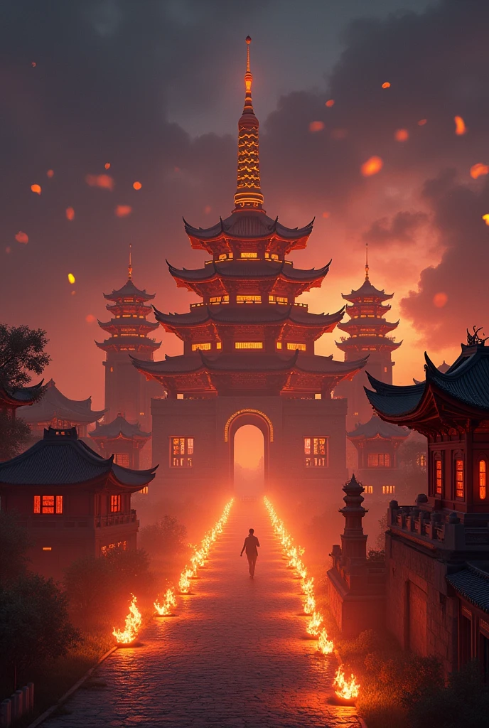 Typical Asian monuments and fire lights 