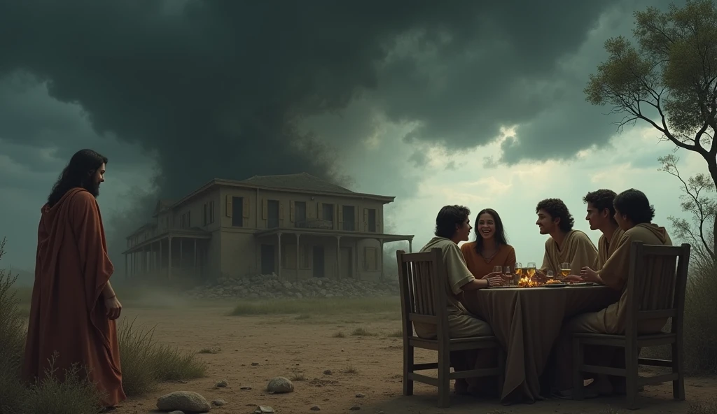 "Create a powerful and emotional scene that portrays the tragic moment described in the biblical passage.. The image must show a rustic and old house, surrounded by a barren and dark desert, with dark, threatening clouds gathering in the sky, signaling the arrival of a hurricane. Inside the house, Young men, both men and women, are gathered around a table full of food and glasses of wine, rindo e se divertindo, oblivious to imminent danger. A cena deve capturar o contraste entre a alegria dos Young men e a ameaça do furacão que se aproxima, with the house beginning to crumble in a cloud of dust and debris. In the foreground, A lone character stands out, with an expression of despair and sadness, symbolizing the only survivor who escaped to bring the tragic news. The atmosphere should be dramatic and emotionally charged., reflecting the gravity of the situation."