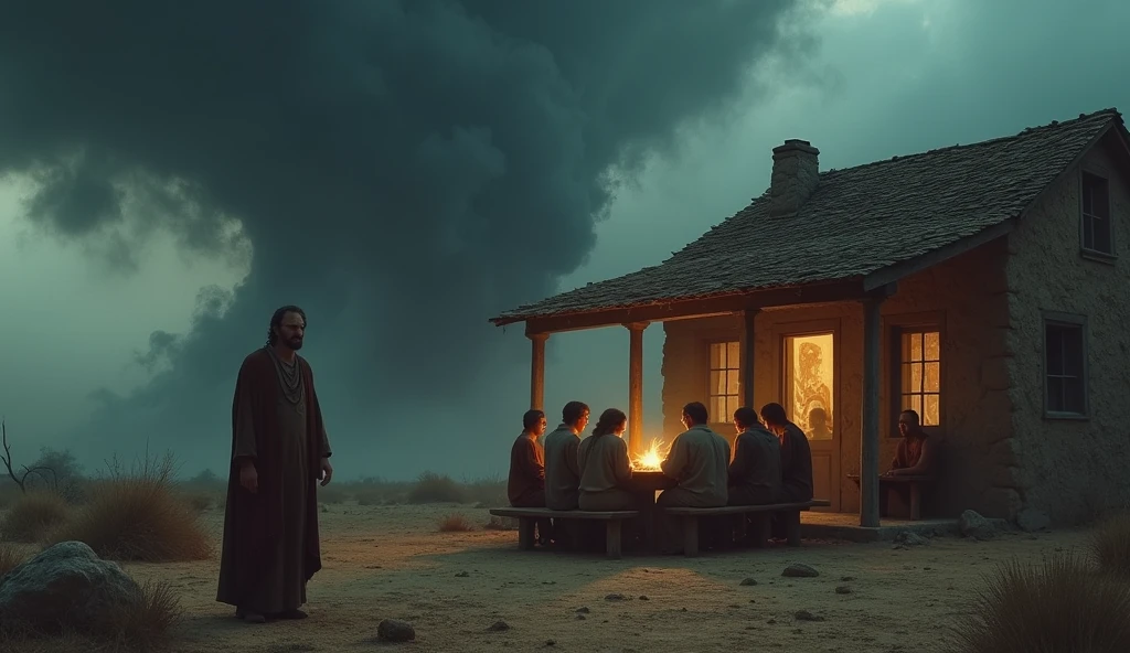 "Create a powerful and emotional scene that portrays the tragic moment described in the biblical passage.. The image must show a rustic and old house, surrounded by a barren and dark desert, with dark, threatening clouds gathering in the sky, signaling the arrival of a hurricane. Inside the house, Young men, both men and women, are gathered around a table full of food and glasses of wine, rindo e se divertindo, oblivious to imminent danger. A cena deve capturar o contraste entre a alegria dos Young men e a ameaça do furacão que se aproxima, with the house beginning to crumble in a cloud of dust and debris. In the foreground, A lone character stands out, with an expression of despair and sadness, symbolizing the only survivor who escaped to bring the tragic news. The atmosphere should be dramatic and emotionally charged., reflecting the gravity of the situation."