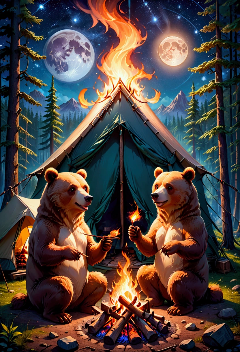 Brown Bear, 2 cute brown bears around a 🔥 cozy campfire roasting marshmallows, full moon and stars in sky, forest background with tent at campsite. 8k resolution trending on Artstation, vivid and deep colors, intricate detailed fantasy illustration, HDR, beautifully shot, sharp focus, megapixels, perfect composition, high contrast 3D, masterpiece, best quality, very aesthetic, absurdres